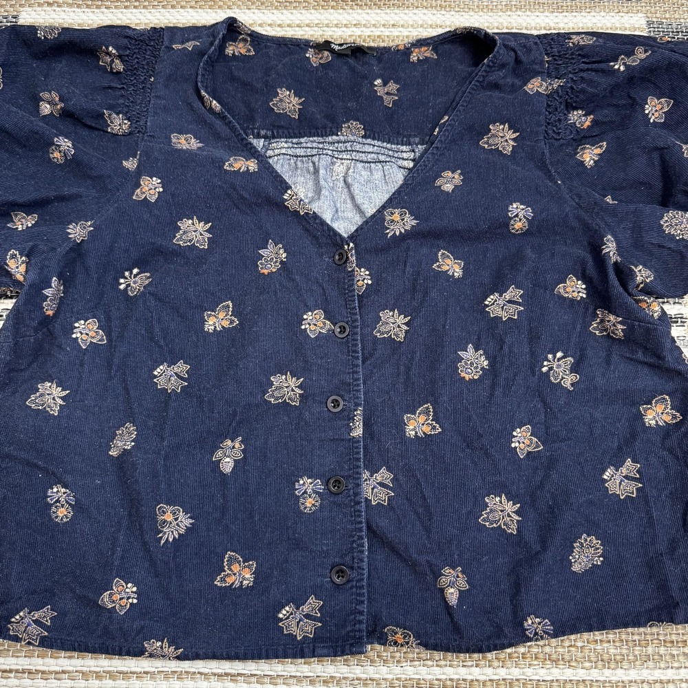 Madewell Shirt Women's Medium Corduroy Bubble Sleeve Crop Shirt Navy Blockprint - Picture 5 of 14